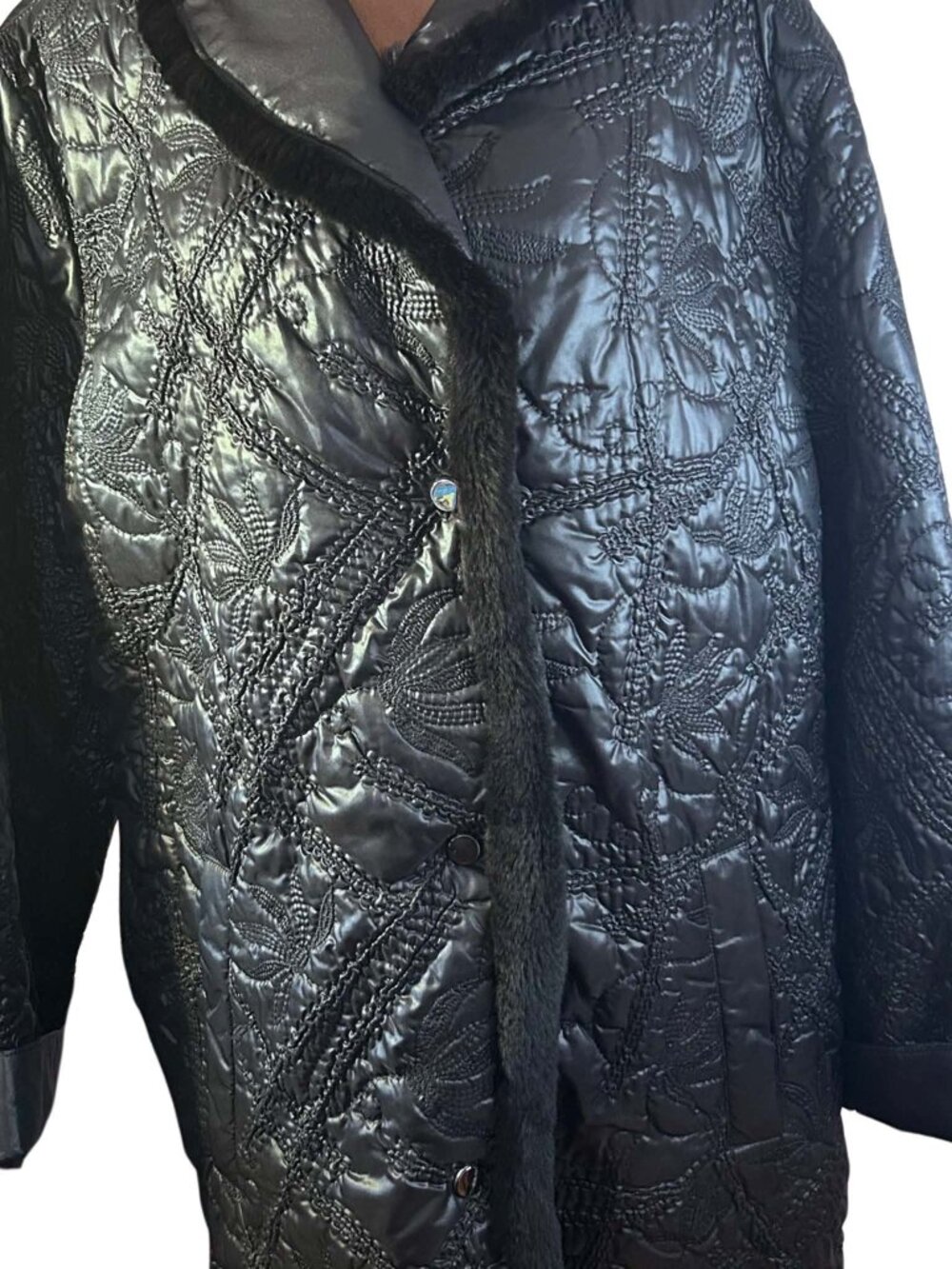 Jobis Germany Quilted Coat Real Rabbit Fur Collar Leather Trim Black Size 44 XL